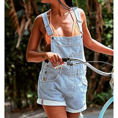 Talakeno Women's Casual Denim Bib Overall Shorts Adjustable Straps Cuffed Hem Shortall Rompers(Blue,S) - Image 4