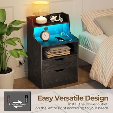 Rolanstar Nightstand with Charging Station and LED Lights, 2 AC and USB Power Outlets, Night Stand with 2 Drawers and Storage Shelves, Bedside Table for Bedroom - Black - Image 5