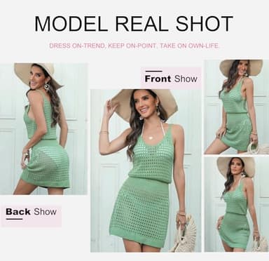 Dokotoo Cute Cover Ups for Swimwear Women 2025 V Neck Sleeveless Crochet Cut Out Spaghetti Straps knitted See Through Sexy Bikini Beach Coverups Vacation Dresses Army Green Large - Image 5