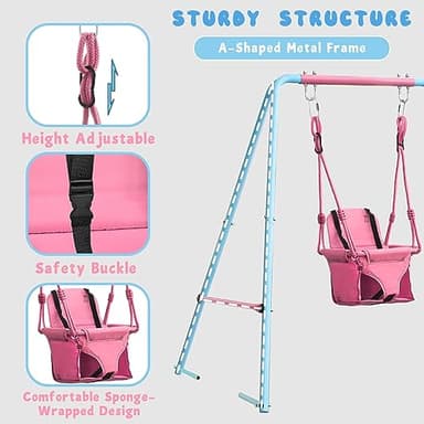 2-in-1 Toddler Swing Set with Metal Stand, Safety Belt & 4 Anchors - A-Frame Swing for Kids 6 Months+ (Pink, Indoor/Outdoor Backyard Playground) - Image 5