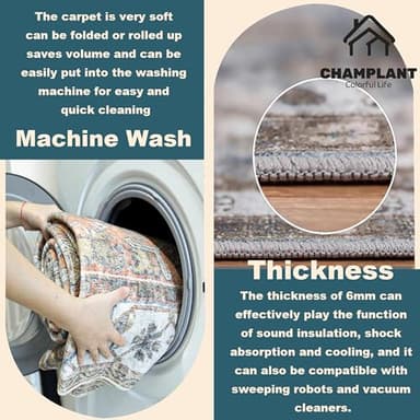 CHAMPLANT Area Rug 9x12 Washable Orange Gray Vintage Traditional Mat Distressed Indoor Foldable Thin Retro Accent Floral Print Rug Non Slip Carpet Living Room Dining Room Office - Image 3