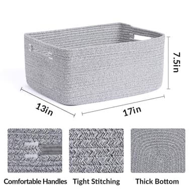 MiniArk Large Storage Baskets for Shelves, Closet Organizers Bins for Clothes Blanket Towels, Baby Nursery, Toy Baskets Box, Woven Rope Baskets, 17 x 13 x 7.5”, 3 Packs Mixed Grey - Image 3