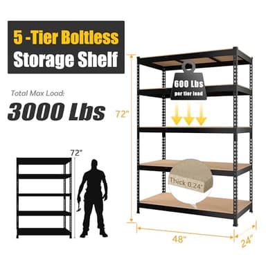 PrimeZone 48" x 24" x 72" Heavy Duty Storage Shelves - 5 Tier Adjustable Garage Storage Shelving, Metal Storage Utility Rack Shelf Unit for Warehouse Pantry Closet Kitchen, Black - Image 3