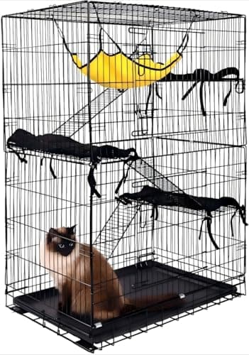 ELEVON 3-Tier Indoor Cat Cage, Large DIY Cat Crate & Cat Kennel with 3 Cat Beds and 2 Front Doors, Metal Fence with Ladder and Hammock, Suitable for Rabbits, Squirrels, Cats to Play and Rest - Image 1