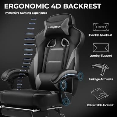 GTPLAYER Gaming Chair with Footrest, Big and Tall Game Chair 350lb Racing Style Computer Chair, Ergonomic Executive Office Chair High Back with Lumbar Support and Recliner, Light Gray - Image 4