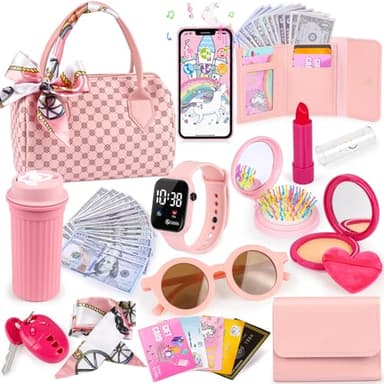 Oisacirg Play Purse for Little Girls, 32PCS Toddler Purse with Pretend Makeup for Kids, Princess Toys Includes Handbag, Phone, Wristwatch, Silk Scarf Kids Toy Purse Birthday Gift for Girls 3 4 5 6 + - Image 1