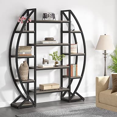 Tribesigns Oval Bookshelf, Triple Wide 5 Tier Etagere Bookcases, Industrial Display Shelves for Living Room (Gray, 55") - Image 4
