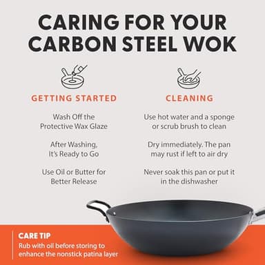 GreenPan Carbon Steel Wok 14”, Flat Bottom, Durable Stir-Fry Pan, Pre-Seasoned Ready to Use, High Heat Retention, Induction, Ash Wood Handle, Kyoto, Black - Image 4