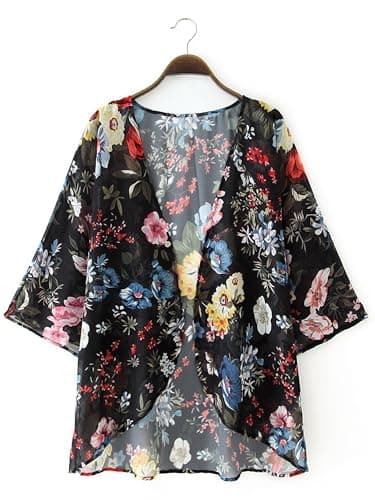 Chunoy Women's Petite Summer Short Sleeve Floral Beachwear Cover Up Blouse Loose Chiffon Kimono Cardigan Black Small - Image 3
