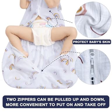 BSTOPPT 2 Pack Baby Sleep Sack 12-18 Months 100% Organic Cotton Muslin Baby Sleeping Bag 2-Way Zipper Wearable Blankets (Rainbow & Leaf, Large) - Image 5