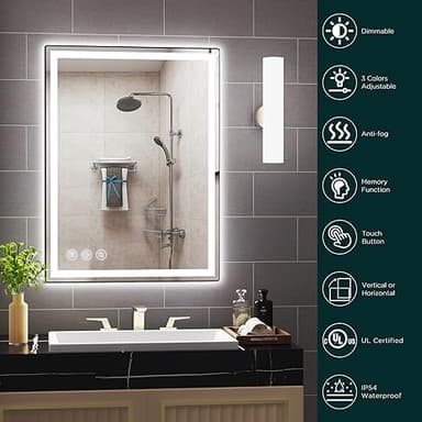 Memobarco 24"x 32" LED Bathroom Mirror with Stepless Dimmable Wall Mirrors with Anti-Fog, Dimmable CRI>90, Vanity Mirror with 3 Color Modes, Shatter-Proof, Memory Bathroom Mirror with LED Lights - Image 3