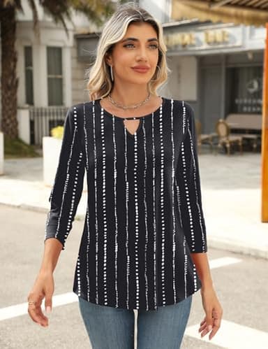 Romanstii 3/4 Length Sleeve Womens Tops Tunics or Tops to Wear with Leggings Cut Out Dressy Blouses Black White Stripes S - Image 3