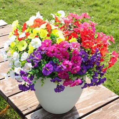 HyeFlora Artificial Flowers for Outdoors Fake Plants Outside Decoration, 12 Bundles Silk Colorful Morning Glory with Eucalyptus UV Resistant Realistic Faux Flowers for Planter Porch Patio Yard Garden - Image 4
