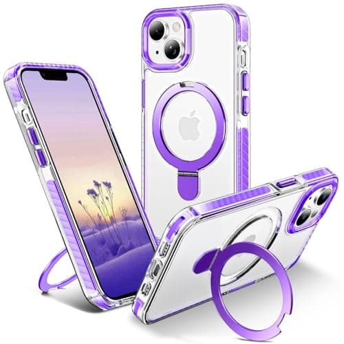 UMIONE for iPhone 13/14 Magnetic case with Stand and Finger Ring, Compatible with magsafe, Shockproof Transparent Hard Plate, Full Body case, Universal for Boys and Girls 6.1 - Purple - Image 1
