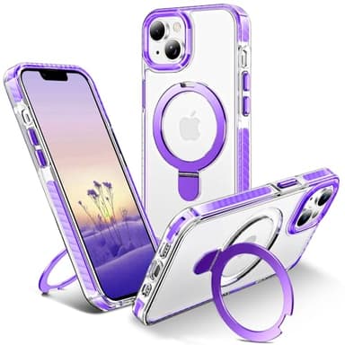 UMIONE for iPhone 13/14 Magnetic case with Stand and Finger Ring, Compatible with magsafe, Shockproof Transparent Hard Plate, Full Body case, Universal for Boys and Girls 6.1 - Purple - Image 1