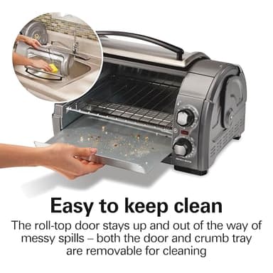 Hamilton Beach Easy Reach 4-Slice Countertop Toaster Oven With Roll-Top Door, 1200 Watts, Fits 9” Pizza, 3 Cooking Functions for Bake, Broil and Toast, Silver (31344DA) - Image 7