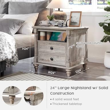 T4TREAM 24'' Farmhouse End Table w/4 Solid Wood Feet, Large 2 Drawers Wide Sofa Side Table with Charging Station, Tall Rustic Wood Square Nightstand for Living Room, Bedroom, Office, Light Rustic Oak - Image 2