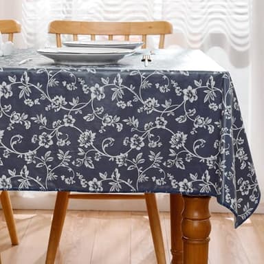 Heavy Duty Vinyl Tablecloth with Flannel Backing Waterproof Oil-Proof Plastic Table Cloth Stain-Resistant Wipeable Rectangle or Square Table Cover for Indoor and Outdoor (Blue Floral,60x84 Inch) - Image 2