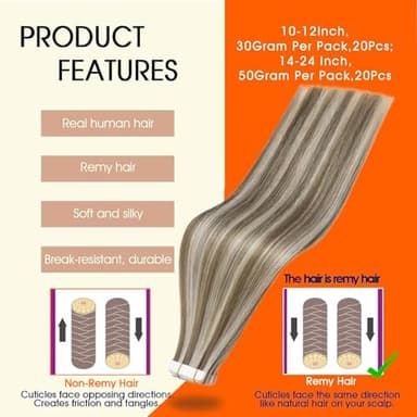 Full Shine Tape in Blonde Hair Extensions Tape in Extensions Human Hair Color 8 Ash Brown Highlighted 60 Platinum Blonde Seamless Hair Extensions Tape ins 50G Straight Remy Hair for Women 20Inch 20Pcs - Image 2