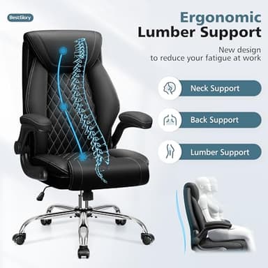 Office Chair, Ergonomic High Back Home Office Desk Chair, Big and Tall Breathable Leather Office Chair with Lumbar Support Flip-Up Armrests, Computer Chair with Rocking Function - Image 3