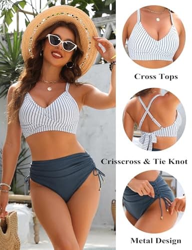 Blooming Jelly Womens High Waisted Bikini Sets Stripe Tummy Control Bathing Suits Ruched 2 Piece Swimsuit (Medium, Blue) - Image 5