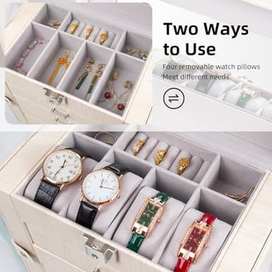 FEIYAN Large Jewelry Box,5-Tier PU Leather Jewelry Organizer with Lock,Multi-functional Storage Case with Mirror,Jewelry Organizer for Bracelets, Earrings, Rings, Necklaces (WHITE) - Image 4