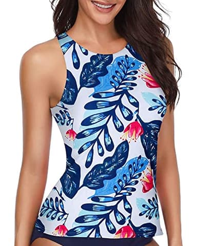 Holipick High Neck Tankini Top Bathing Suit Tops for Women Tummy Control Tank Tops Swimsuits White Blue Floral M - Image 3