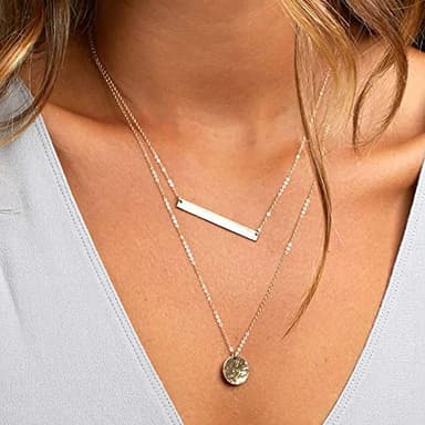 Dainty Layering Simulated Pearls Bar Necklace Hammered Disc Pendant Necklaces Simple Layering Necklace Choker for Women - Image 6