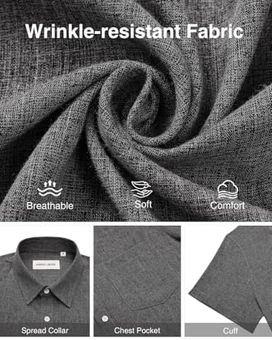 Alimens & Gentle Mens Linen Shirts Short Sleeve Button Down Shirts Wrinkle Free Casual Vacation Beach Summer Tops,Black Grey,6XL - Image 5