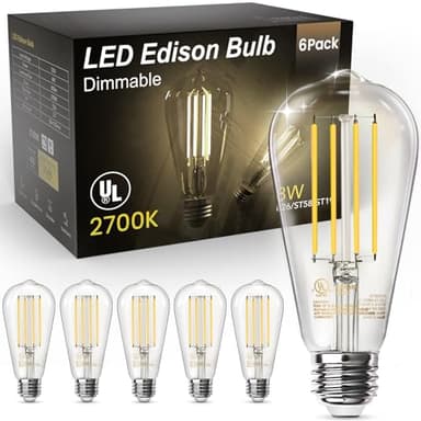 TJOY Edison Light Bulbs 60W Equivalent, Dimmable Vintage LED Light Bulbs, E26 Medium Base, Warm White 2700K, ST58, 8W, 800LM, 80+ CRI, Antique Decorative Filament LED Bulb, Clear Glass, 6 Pack - Image 1