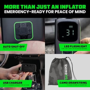 Rhino USA Tire Inflator Portable Air Compressor (150 PSI) Upgraded Air Pump for Car Tires with Digital Pressure Gauge - Best Mini Air Pump for Bike Tires with Dual LCD Screen (Black & Green) - Image 4