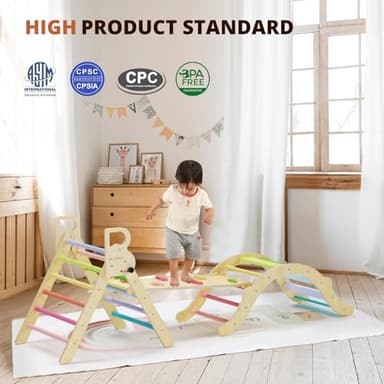 BlueWood Pikler Triangle Set, Toddler Wooden Climbing Toys Indoor 7in1 Foldable Climber for Kids, Montessori Philosophy Play Jungle Gym with Arch, Ramp, Ladder (Colorful Spring) - Image 7