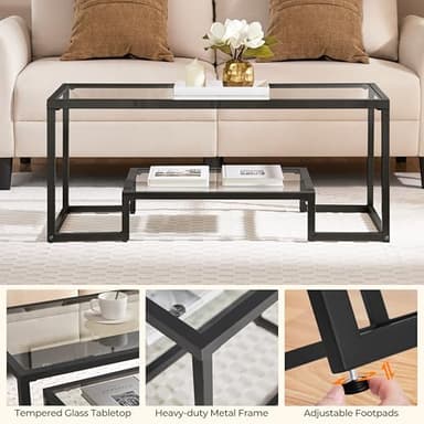 Yaheetech Coffee Table, Tempered Glass Coffee Table, Modern Simple Center Tables w/Geometric-Inspired Design & Metal-Frame & Easy Assembly & Open Storage Shelf for Living Room, Office, Black - Image 9
