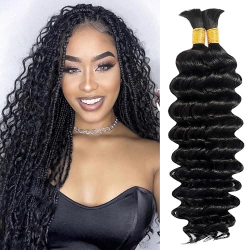 Human Braiding Hair for Boho Braids 20 Inch 110g 2 Bundles/Pack Deep Wave 12A Curly Brazilian Virgin Hair Extensions No Weft Knotless Bulk 1B Black