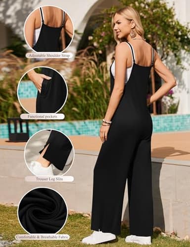 Ekouaer Womens Causal Sleeveless Jumpsuits Summer Boho Wide Leg Floral Rompers Overalls with Pockets Black L - Image 2