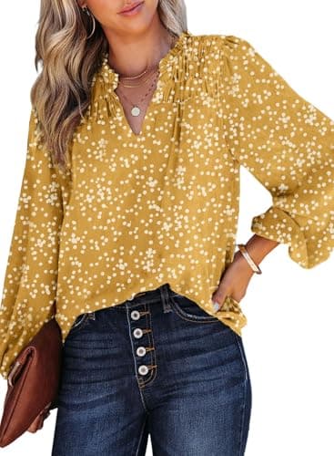Dokotoo Womens Juniors Summer Tops 2025 Fashion Trendy Casual Dressy Fall Outfits Smocked Long Sleeve T Shirts Alicia Flower Print V Neck Business Work Tunic Bohemian Floral Top Medium Yellow - Image 1