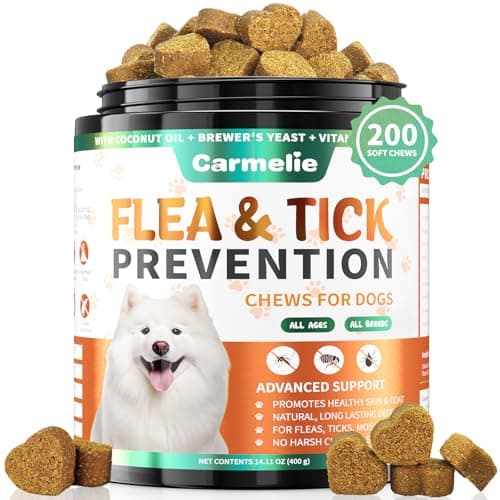 Carmelie Flea and Tick Prevention for Dogs - 200 Soft Chewables Natural Dog Flea and Tick Support - Oral Flea Supplement for All Breeds & Size Dogs, Puppy Flea Protection - Duck Flavor - Image 1