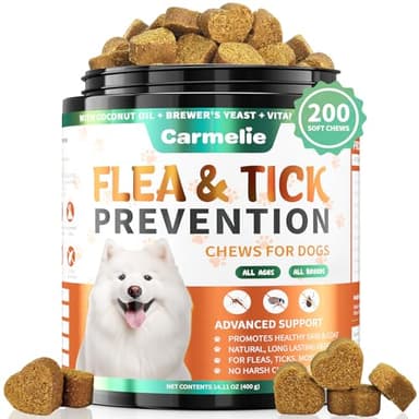Carmelie Flea and Tick Prevention for Dogs - 200 Soft Chewables Natural Dog Flea and Tick Support - Oral Flea Supplement for All Breeds & Size Dogs, Puppy Flea Protection - Duck Flavor - Image 1