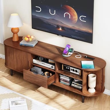 ONBRILL 69" TV Stand with Power Outlet for TVs up to 80", Entertainment Center with Storage and Drawer, TV Console with Adjustable Shelves and Sliding Door, TV Stand for Living Room, Bedroom, Walnut - Image 3
