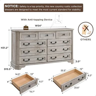 T4TREAM Farmhouse 9 Drawers Dresser for Bedroom, 54" Wide Wood Rustic Chest of Drawers with Natural Texture, Vintage Design, Storage Dressers Organizer for Bedroom, Living Room, Light Rustic Oak - Image 2