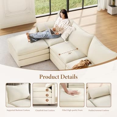 Vesgantti 108" Modular Sectional Sofa, Comfy Cloud Couch with Movable Ottoman Deep Seat Chenille L Shaped Modular Sofa, Sectional Couches for Living Room, Bedroom and Apartment, Beige - Image 4