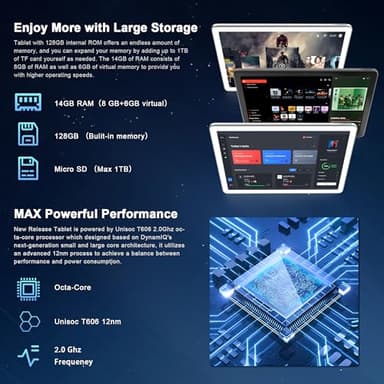Android 14 Tablet, 2025 Latest Tablet 10 inch 128GB Storage 1TB Expandable 14GB RAM, 4G Sim Slot Tablets with keyboard Support 5G WiFi Bluetooth 5.0 GPS, 7000 mAh, Octa-Core Processor, FHD IPS Display - Image 3