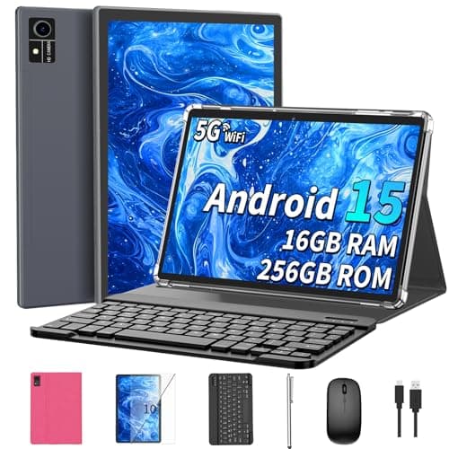 Android 15 Tablet with Keyboard, 16GB(8+8)RAM+256 Storage(Expand to 2TB), 8000mAh Battery, Widevine L1,10 Inch Tablets with 5G/2.4G WiFi, BT5.0, GMS Certified, with Mouse, Case, Stylus (Pink Case) - Image 1