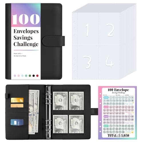 Sooez 100 Envelope Money Saving Challenge Book with 100 Pocket Pre-Numbered & Reusable Laminated Tracker - Image 1