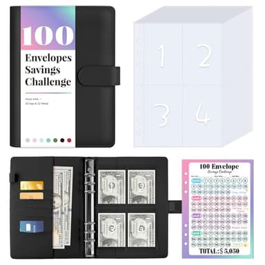 Sooez 100 Envelope Money Saving Challenge Book with 100 Pocket Pre-Numbered & Reusable Laminated Tracker - Image 1