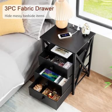 AMHANCIBLE Night Stand Set 2, LED Nightstand with Charging Station, End Side Tables with USB Port & Outlet, Bedside Table with Fabric Drawers for Bedroom Living Room, Black, HET053LBK - Image 8