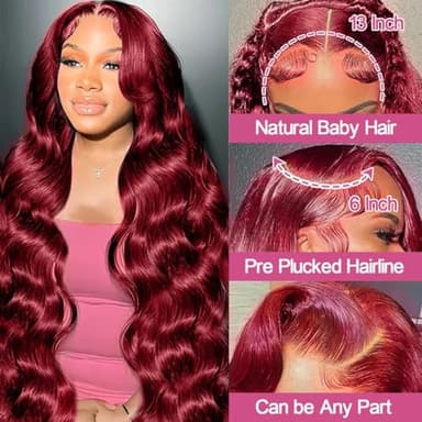 QZOQZO 99J Burgundy Lace Front Wigs Human Hair 13x6 HD Transparent Body Wave Lace Front Wigs Pre Plucked 99j Burgundy Red Wine Glueless Human Hair Wigs for Women Reddish Brown 180% Density 30 Inch - Image 2