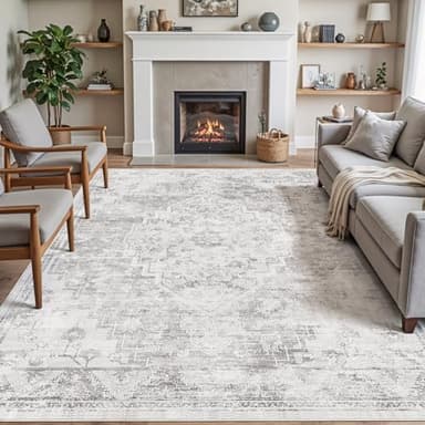 DEXI Area Rugs for Living Room, 4x6 Washable Low Pile Vintage Traditional Rug for Bedroom, Non Slip Indoor Carpet for Dining Office Nursery, White Grey - Image 1