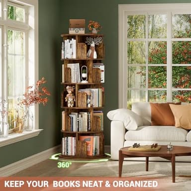 Besiost Rotating Bookshelf Tower, 5 Tier Spinning Bookcase, Revolving 360 Book Shelf Narrow Tall Bookcase, Vertical Turning Round Bookshelf Organizer, Corner Book Shelf for Small Space, Rustic Brown - Image 5