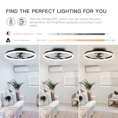 STERREN 20'' Modern Low Profile Ceiling Fan with Light, Bedroom LED Ceiling Fan with Remote Control, Bladeless Flush Mount Black Fan Lights Ceiling Fixtures for Living Room,Small Room - Image 3